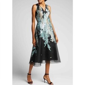 Teri Jon Metallic sheen Abstract Formal Midi Dress